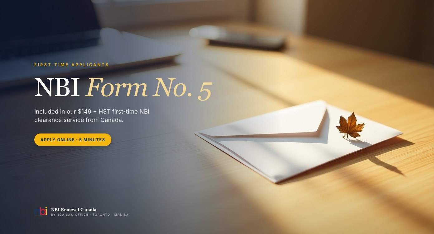 Editorial photograph of a sealed white envelope with an autumn maple leaf resting on a warm wooden desk, with the headline 'NBI Form No. 5' overlaid on the left. Included in NBI Renewal Canada's $149 + HST first-time service.